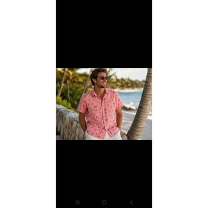 Tommy Bahama Mens XL‎ Coral Pink Palm Tree Short Sleeve Button Down Shirt Resort